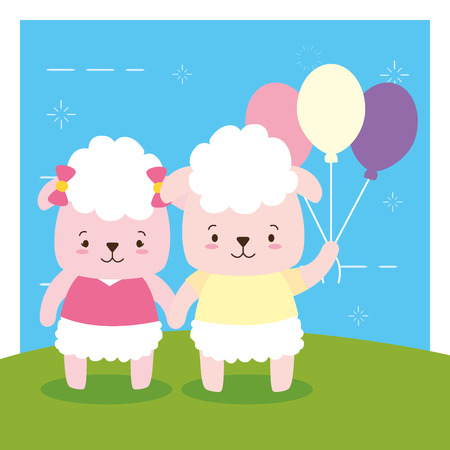 cute couple sheep animal cartoon vector illustration designのイラスト素材