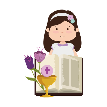 little girl with bible and flowers first communion vector illustration designのイラスト素材