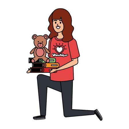 woman volunteer with books and bear teddy vector illustration designのイラスト素材