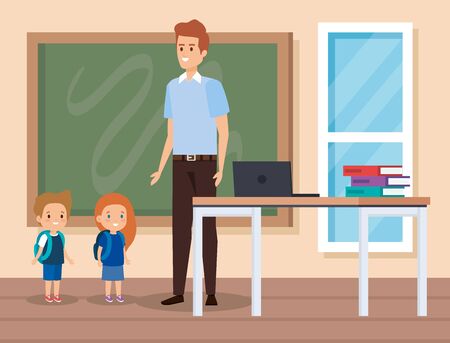 man teacher with kids and laptop with books vector illustrationのイラスト素材