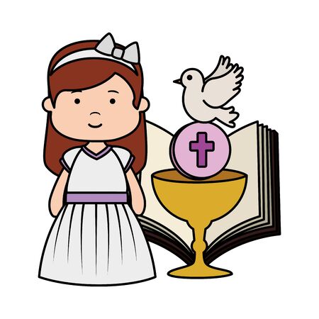 little girl with bible and chalice first communion vector illustration designのイラスト素材