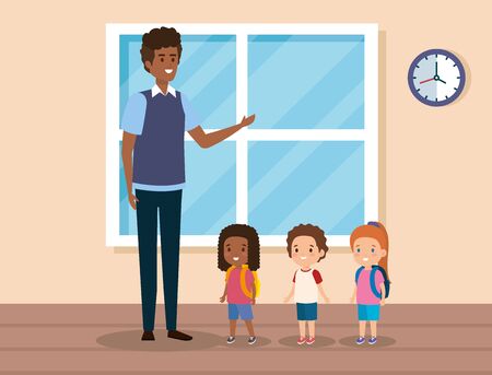 professioal man teacher with kids and window vector illustrationのイラスト素材
