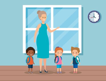 woman teacher with kids in the class and window vector illustrationのイラスト素材