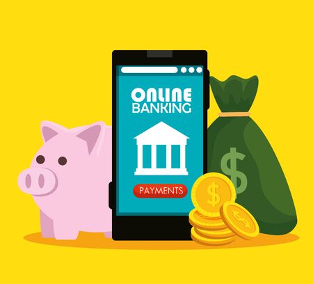 electronic smartphone with online banking technology and money bag vector illustrationのイラスト素材