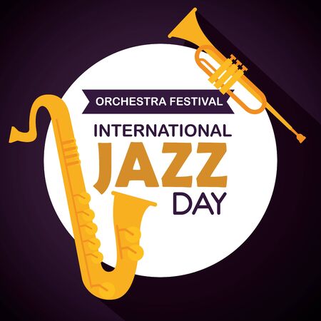 saxophone with trumpet and label to jazz day vector illustrationのイラスト素材