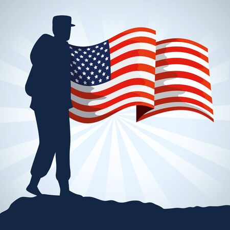 military woman silhouette with usa flag vector illustration designのイラスト素材