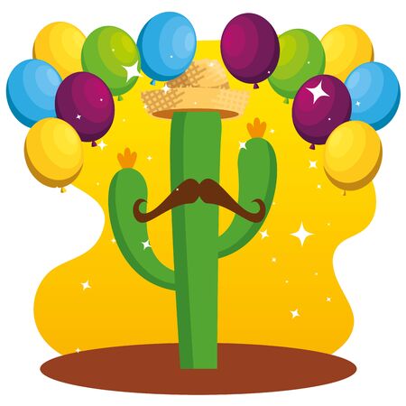 cactus plants wearing hat and mustache with balloons vector illustrationのイラスト素材