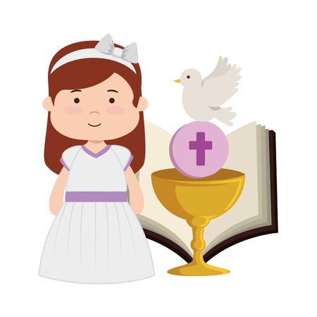 little girl with bible and chalice first communion vector illustration designのイラスト素材