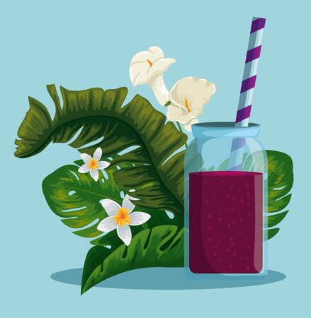 fresh beverage with exotic flowers and leaves vector illustrationのイラスト素材