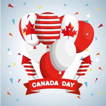 canada flag balloons with fireworks and ribbon vector illustrationのイラスト素材