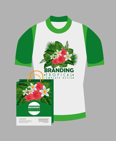 fashion shirt product with bag and tropical style vector illustrationのイラスト素材