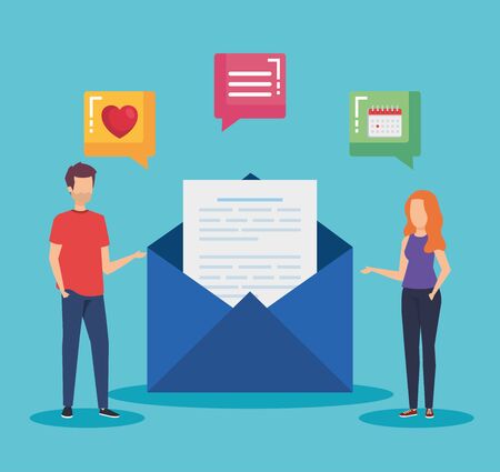 man and woman with letter information and social media vector illustrationのイラスト素材