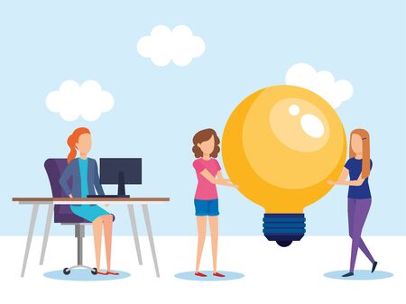 mini people with bulb light idea vector illustration designのイラスト素材