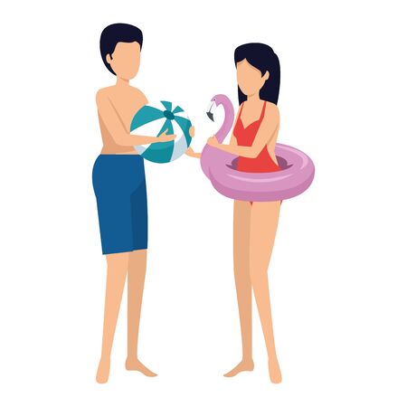 young couple with swimsuit and balloon and float vector illustration designのイラスト素材