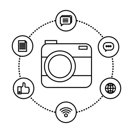 camera photographic with social media icons vector illustration designのイラスト素材