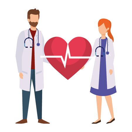 couple of professionals doctors with heart cardio vector illustration designのイラスト素材