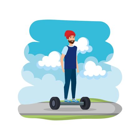 young man in hoverboard electric on road vector illustration designのイラスト素材