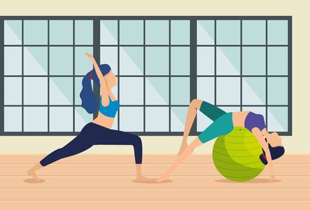 women practice yoga exercise in the house vector illustrationのイラスト素材