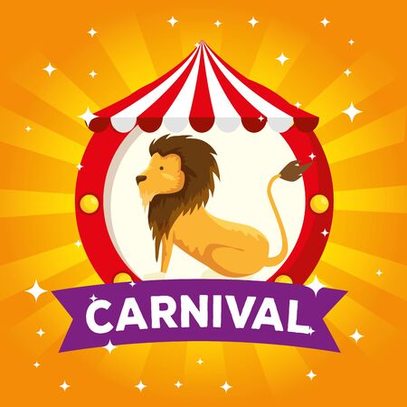 label of lion wild animal in the circus with carnival ribbon vector illustrationのイラスト素材