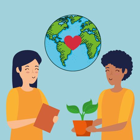 ecology planet and women with plants conservation vector illustrationのイラスト素材