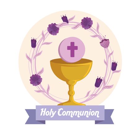 chalice with holy host and flowers to first communion vector illustrationのイラスト素材