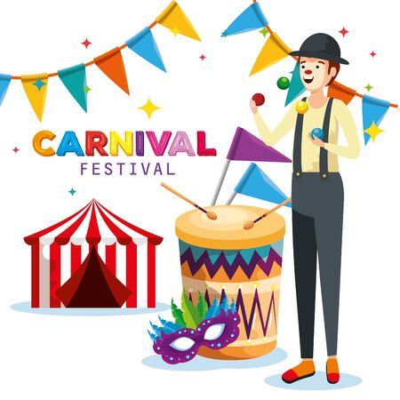 man mime with drum and party banner with circus and mask vector illustrationのイラスト素材