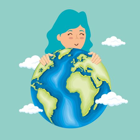 woman hugging planet to earth day conservation vector illustrationのイラスト素材