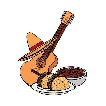 delicious tacos with guitar and hat mexican food vector illustration designのイラスト素材