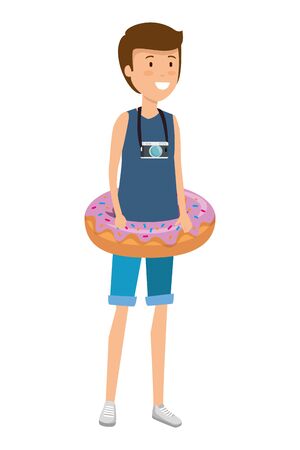 young man with swimsuit and float donut vector illustration designのイラスト素材