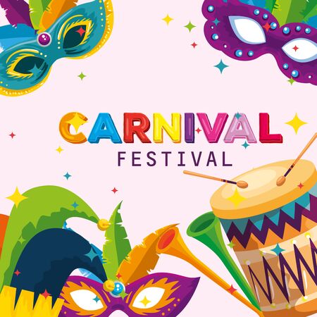 carnival mask with feathers and joker hat decoration with drum vector illustrationのイラスト素材