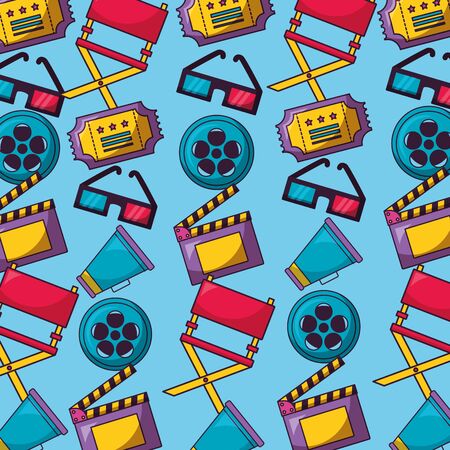 background reel film chair speaker glasses ticket cinema movie vector illustrationのイラスト素材