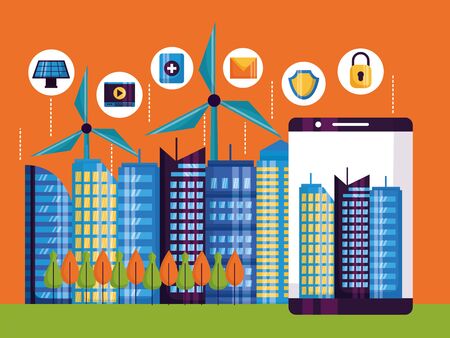 smartphone services internet of things networks innovation smart city vector illustrationのイラスト素材
