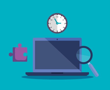 laptop technology with clock and puzzle with magnifying glass to office strategy vector illustrationのイラスト素材