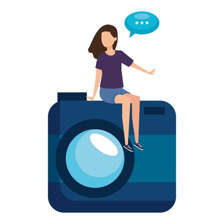 woman seated in camera with speech bubble vector illustration designのイラスト素材