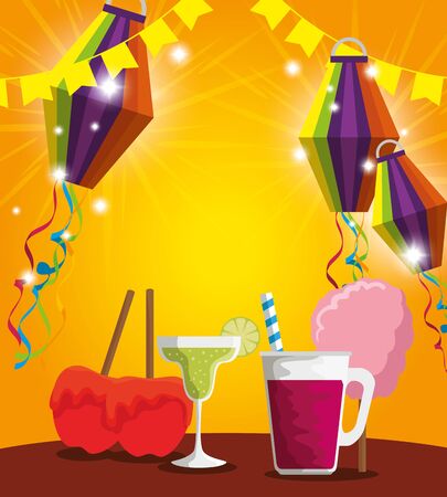 lanterns with sweet apples and cocktail to party vector illustrationのイラスト素材