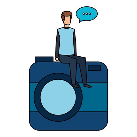 young man seated in camera with speech bubble vector illustration designのイラスト素材
