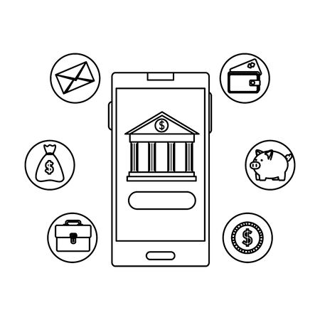 smartphone with bank building app and ecommerce icons vector illustration designのイラスト素材
