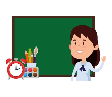 happy student girl with chalkboard and alarm clock vector illustration designのイラスト素材