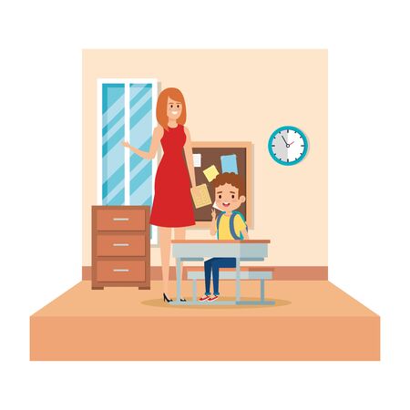 female teacher and boy seated in desk in the classroom vector illustration designのイラスト素材