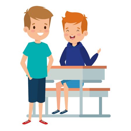 happy little students boys seated in school desk vector illustration designのイラスト素材