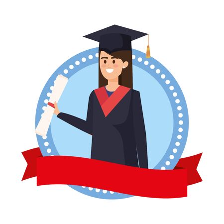 young woman student graduated in emblem with ribbon vector illustration designのイラスト素材