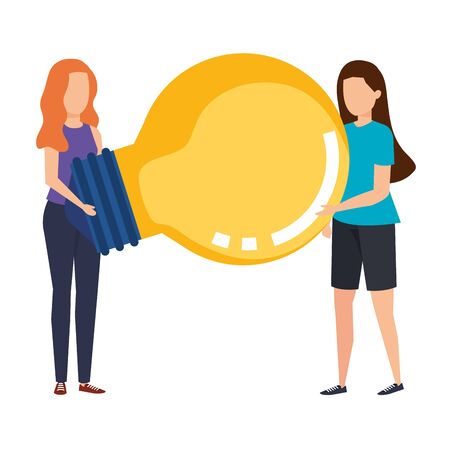 young women lifting bulb light characters vector illustration designのイラスト素材
