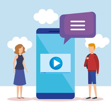 mini people with smartphone and speech bubble vector illustrationのイラスト素材