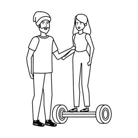 young couple in hoverboard electric vector illustration designのイラスト素材