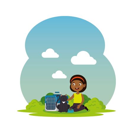 cute little black girl with kitty in transport box vector illustration designのイラスト素材
