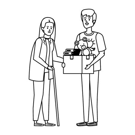 man volunteer giving a old woman donations box vector illustration designのイラスト素材