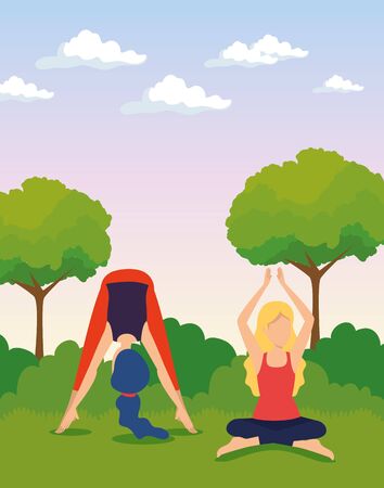 women doing yoga exercise with trees and bushes vector illustrationのイラスト素材