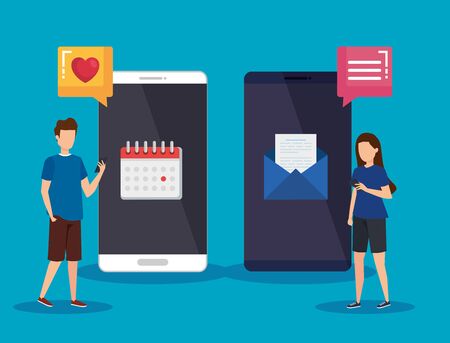 men and woman with smartphone technology and social media vector illustrationのイラスト素材