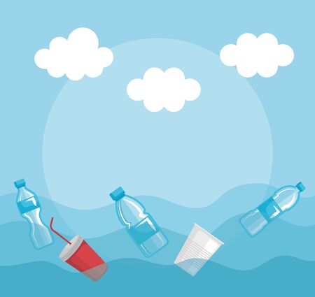 plastics bottles and cups pollution in the sea vector illustrationのイラスト素材