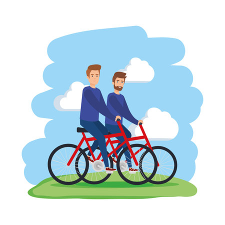 young couple men bike ride characters vector illustration designのイラスト素材